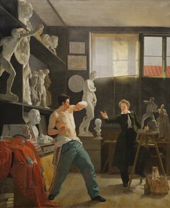 Een beeldhouwer (Christen Christensen) werkt naar levend model in zijn atelier